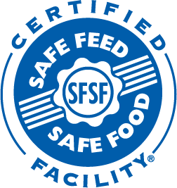 Blue badge featuring the text "Safe Feed Safe Food" and the acronym "SFSF," representing food safety commitment by veterinary medicine suppliers in Iraq and trusted veterinary nutraceutical suppliers UAE.