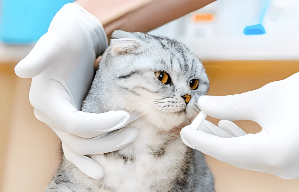 A veterinary professional in gloves administering a pill to a gray tabby cat during a check-up, provided by veterinary medicine suppliers in Iraq.
