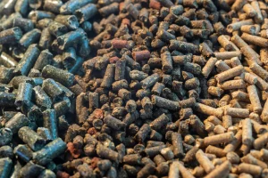 Close-up of various types of small pellets, featuring dark green, brown, and light brown hues, densely packed together.